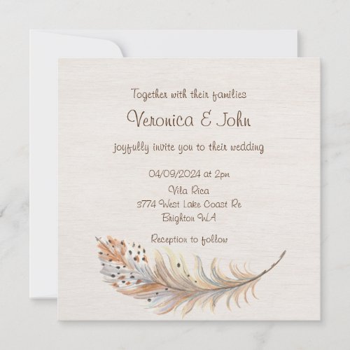 Boho feather rustic wedding invitation