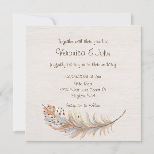 Boho feather rustic wedding invitation 