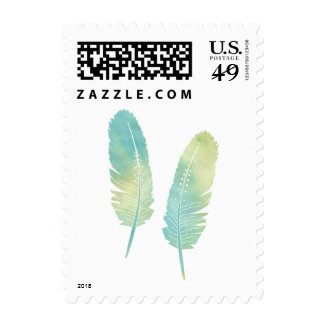 Boho Feather Watercolor Green and Blue Postage Stamps at UniqueRusticWeddingInvitations.com