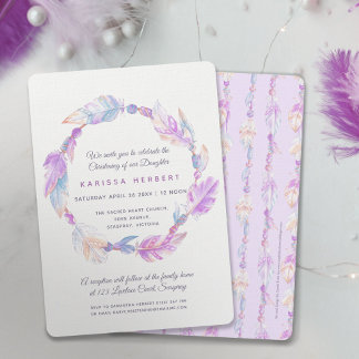 Boho feather watercolor purple christening invitation