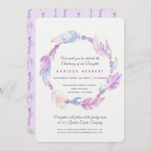 Boho feather watercolor purple christening invitation