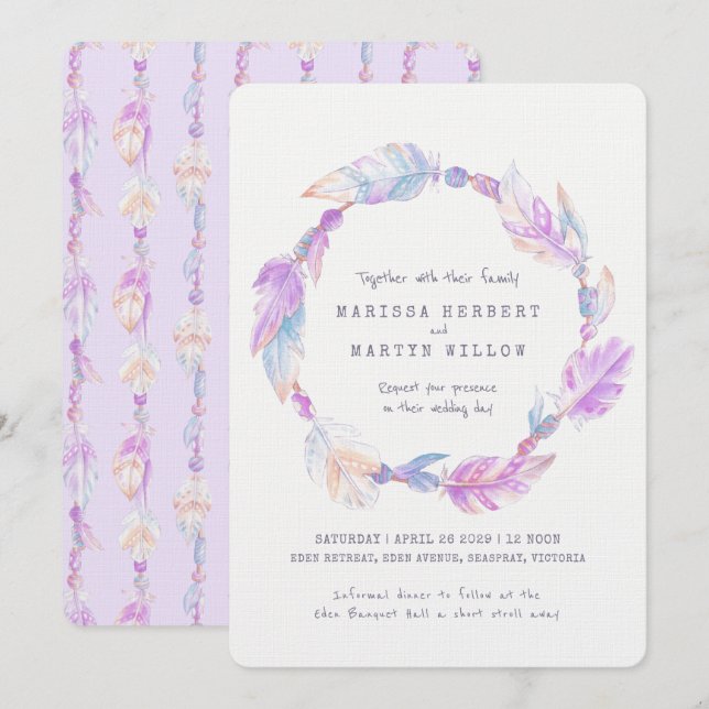 Boho feather watercolor purple wedding invites (Front/Back)