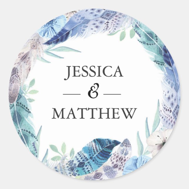 Boho feather wedding Thank you stickers (Front)