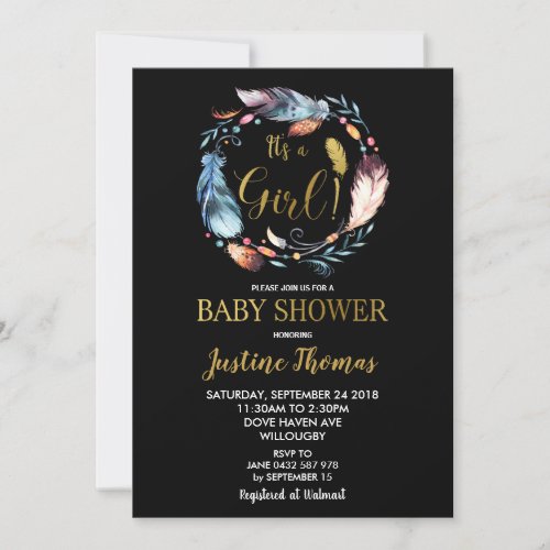 Boho Feather Wreath Baby Shower Invitation Girl
