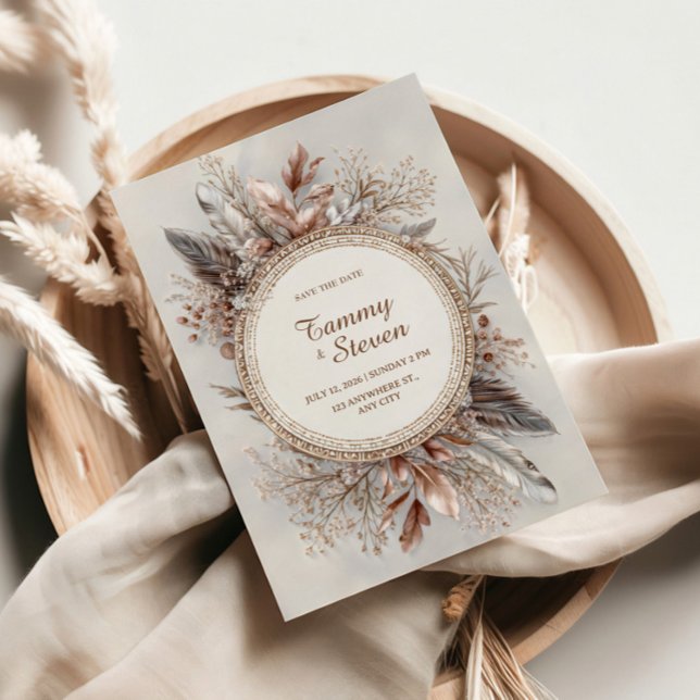 Boho Feather Wreath Earth Tone Gold Frame Wedding Invitation (Creator Uploaded)