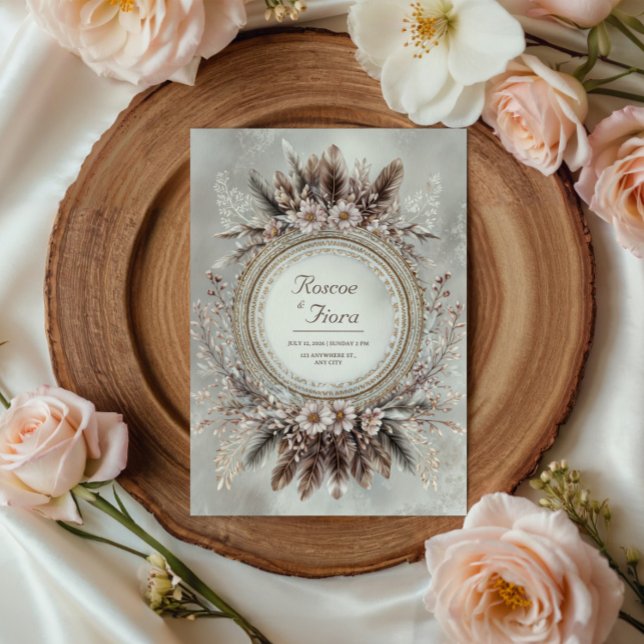 Boho Feather Wreath Pink Floral Wedding Invitation (Creator Uploaded)