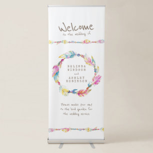 Boho feather wreath watercolor art welcome banner