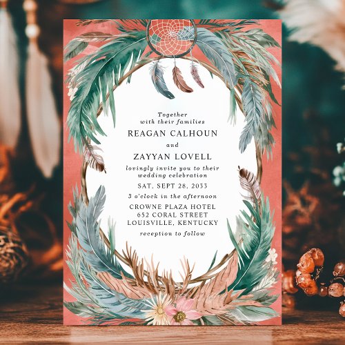 Boho Feather Wreath With Dreamcatcher Wedding Invitation