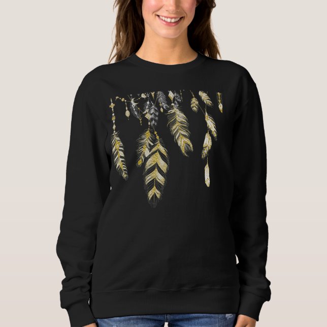 *~* Boho Feathers and Crystals Black & Gold Hip Sweatshirt (Front)