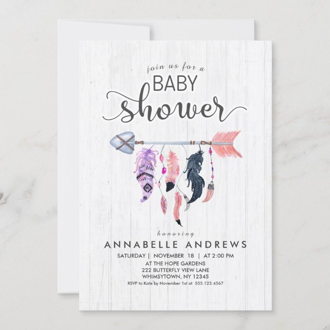 Boho Feathers & Arrow Baby Shower Invitation (Front)