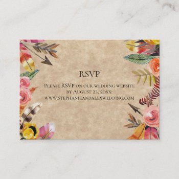 Boho Feathers Arrows Flowers Rustic Wedding Business Card by CustomInvites at Zazzle