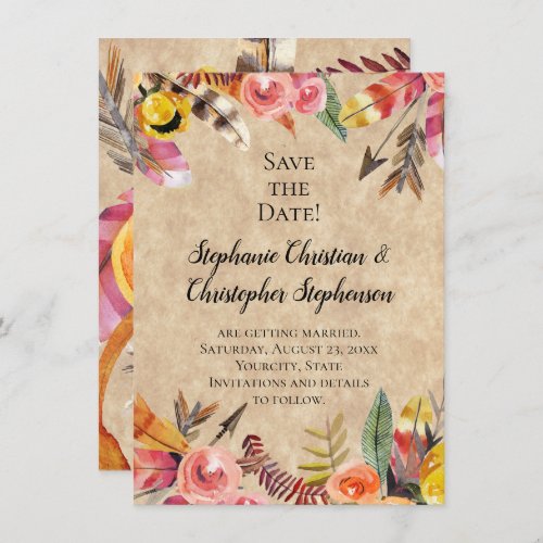 Boho Feathers Arrows Flowers Rustic Wedding Invitation