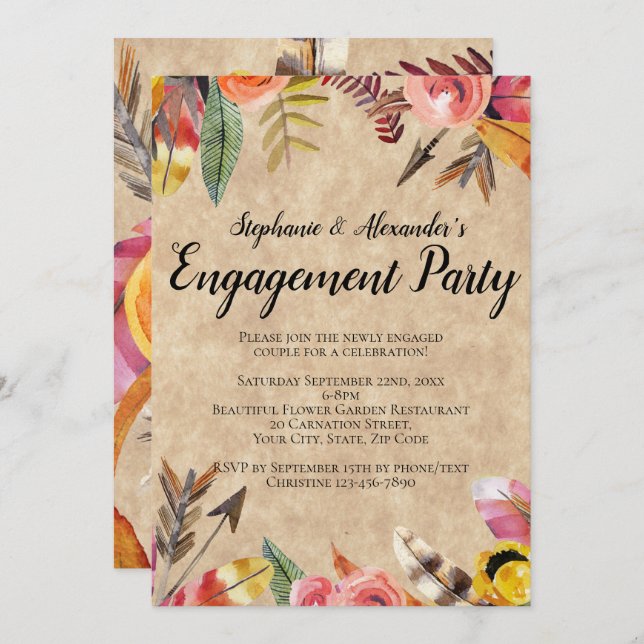 Boho Feathers Arrows Flowers Rustic Wedding Invitation (Front/Back)