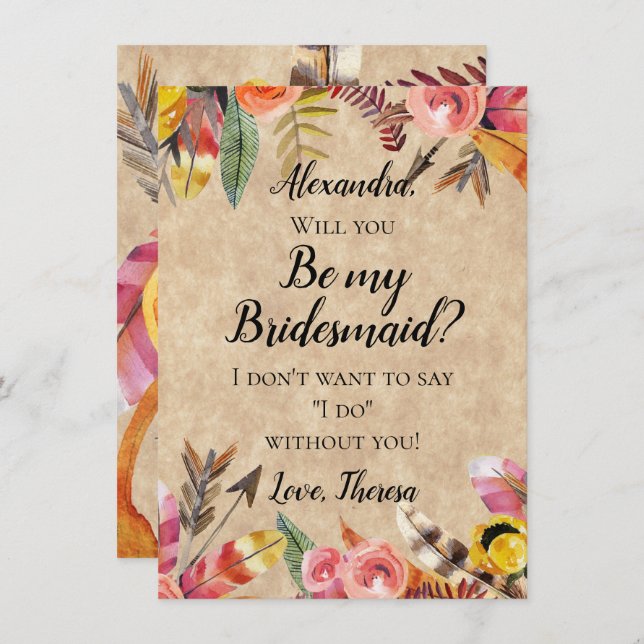 Boho Feathers Arrows Flowers Rustic Wedding Invitation (Front/Back)