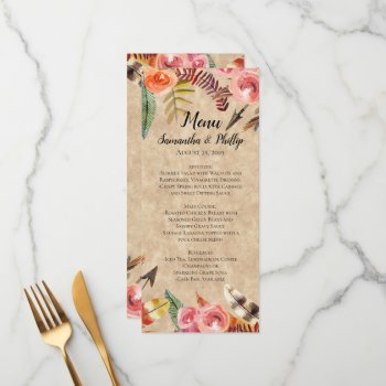 Boho Feathers Arrows Flowers Rustic Wedding Menu by CustomInvites at Zazzle
