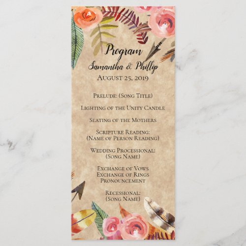 Boho Feathers Arrows Flowers Rustic Wedding Program