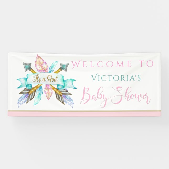 Boho Feathers Arrows Girl Baby Shower Banners (Horizontal)