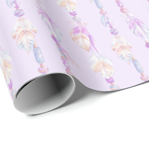Boho feathers beads purple watercolor art wrap wrapping paper