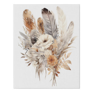 Boho Feathers Botanical Floral Beige Browns Gray Faux Canvas Print