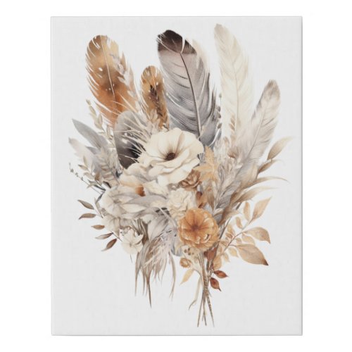 Boho Feathers Botanical Floral Beige Browns Gray Faux Canvas Print