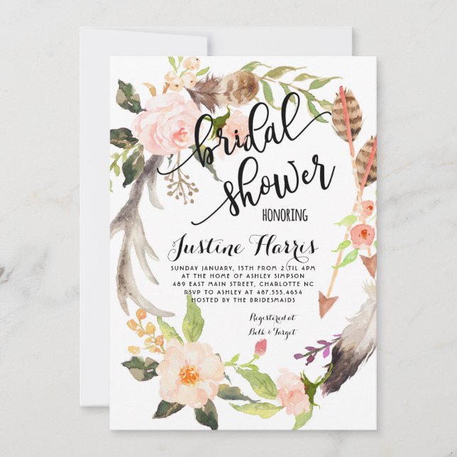 Boho feathers Bridal Shower Invitation (Front)