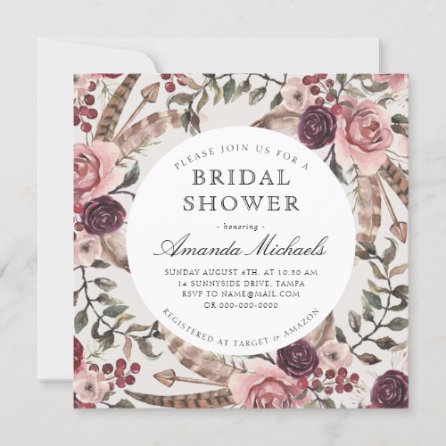 Boho Feathers Burgundy Beige Floral Bridal Shower Invitation