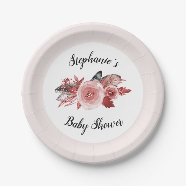 Boho Feathers Burgundy Blush Baby Shower Paper Plates (Front)