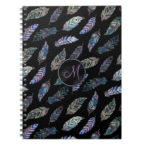 boho feathers colorful pastel on black monogrammed notebook