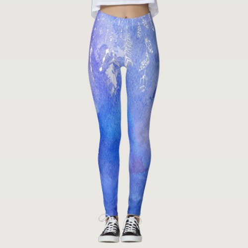  Boho Feathers  Crystals Watercolor Soft Blue Leggings