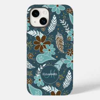 Boho feathers doodle flowers teal turquoise brown Case-Mate iPhone 14 case