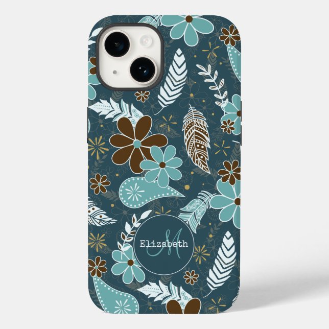 Boho feathers doodle flowers teal turquoise brown Case-Mate iPhone case (Back)