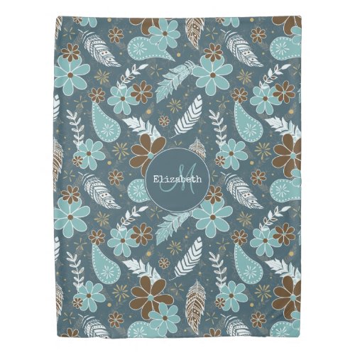 Boho feathers doodle flowers teal turquoise brown duvet cover