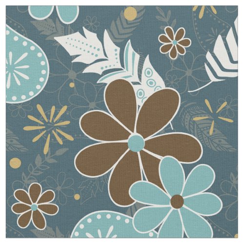 Boho feathers doodle flowers teal turquoise brown fabric