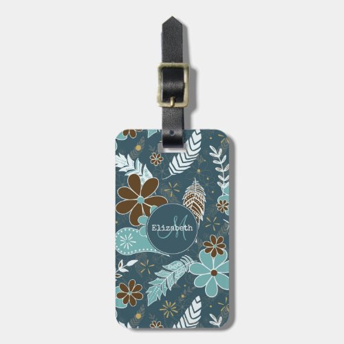 Boho feathers doodle flowers teal turquoise brown luggage tag