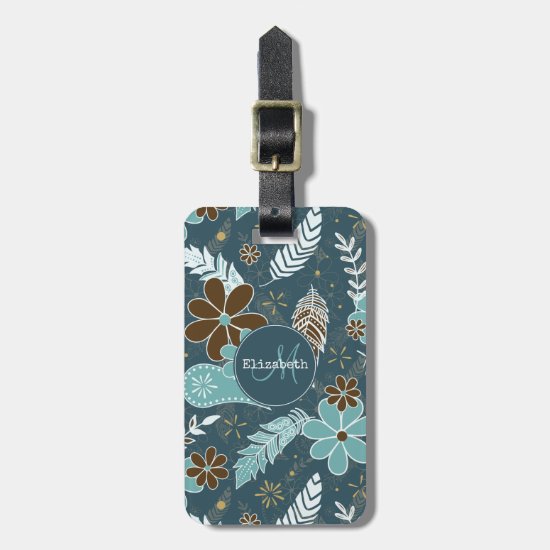 Boho feathers doodle flowers teal turquoise brown luggage tag