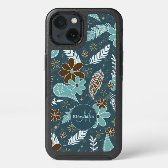 Boho feathers doodle flowers teal turquoise brown OtterBox commuter iPhone case