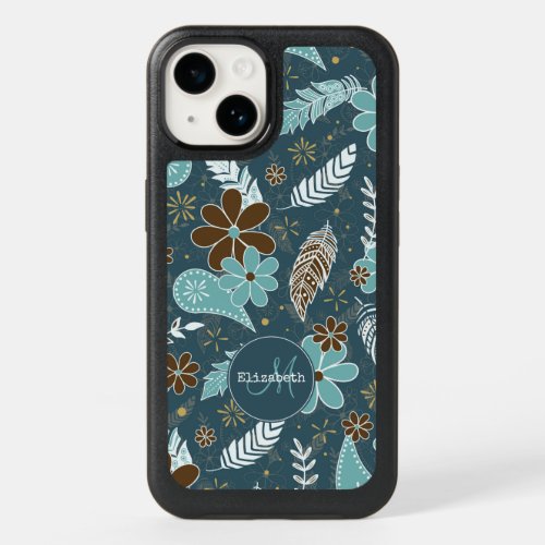 Boho feathers doodle flowers teal turquoise brown OtterBox iPhone 14 case