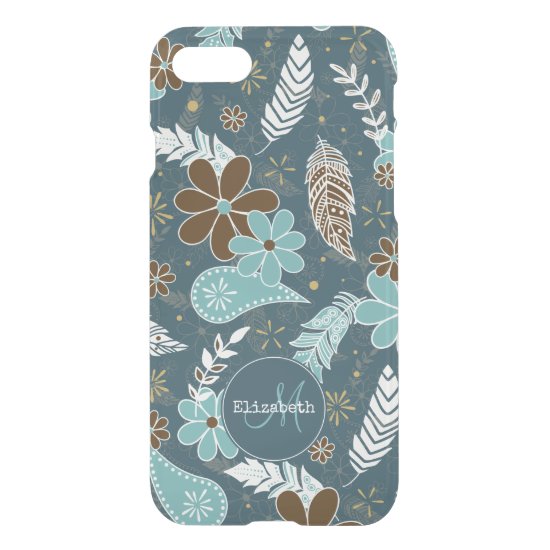 Boho feathers doodle flowers teal turquoise brown iPhone SE/8/7 case
