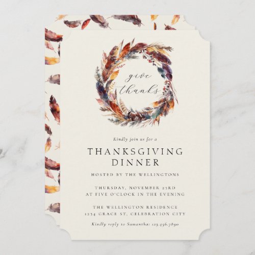 Boho Feathers Fall Foliage Thanksgiving Dinner Invitation