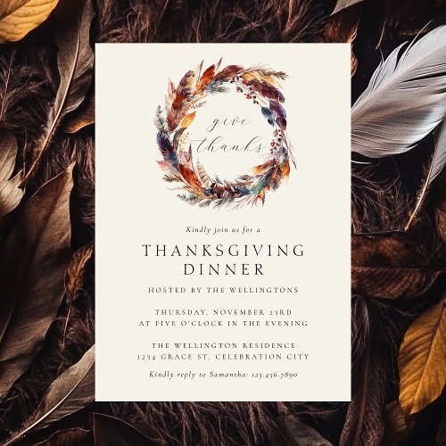 Boho Feathers Fall Foliage Thanksgiving Dinner Invitation