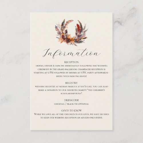 Boho Feathers Fall Wreath Calligraphy Wedding Enclosure Card