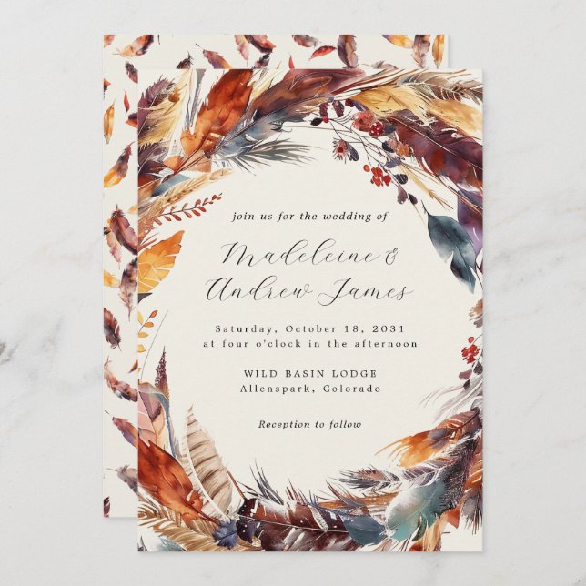 Boho Feathers Fall Wreath Calligraphy Wedding Invitation (Front/Back)