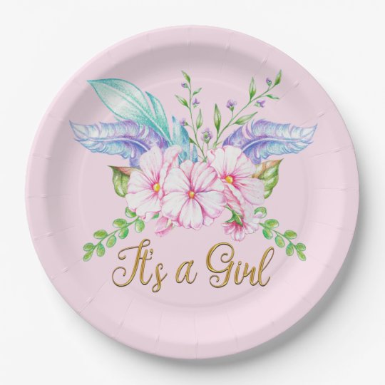 Boho Feathers Floral Girl Baby Shower Paper Plates