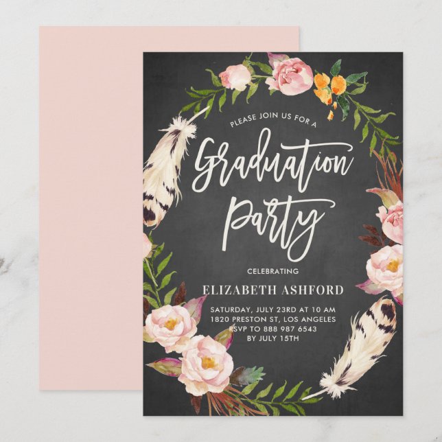 Boho Feathers Floral Wreath Chalkboard Graduation Invitation (Front/Back)