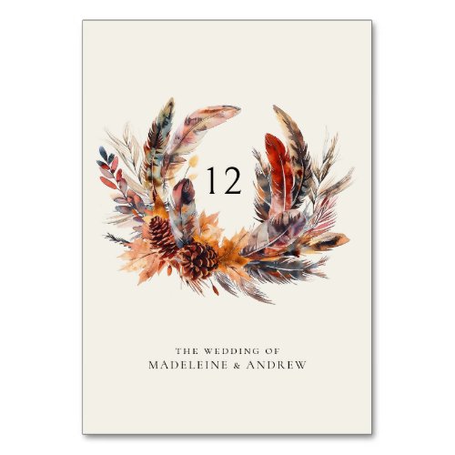 Boho Feathers Floral Wreath Fall Wedding Table Number