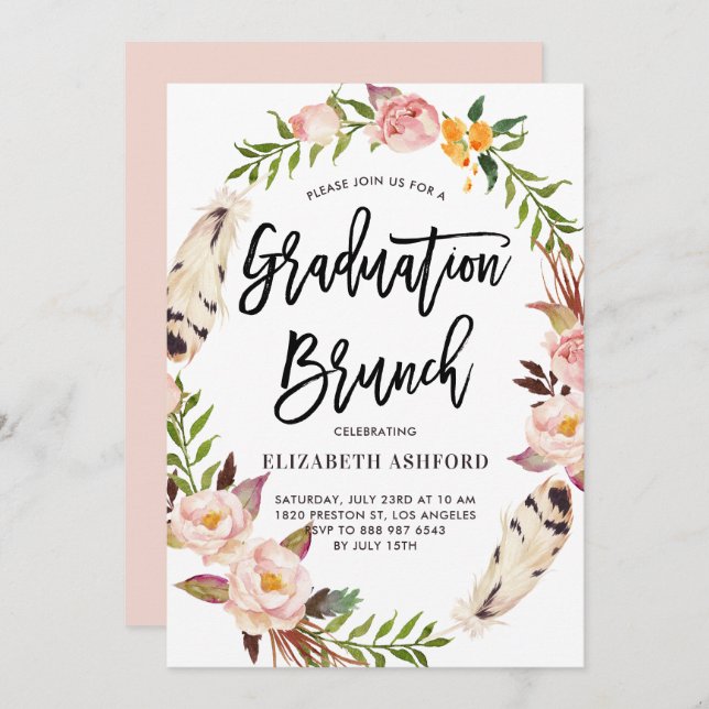 Boho Feathers & Floral Wreath Graduation Brunch Invitation (Front/Back)