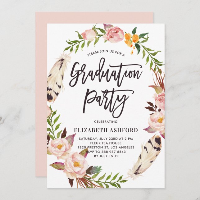 Boho Feathers & Floral Wreath Graduation Party Invitation (Front/Back)