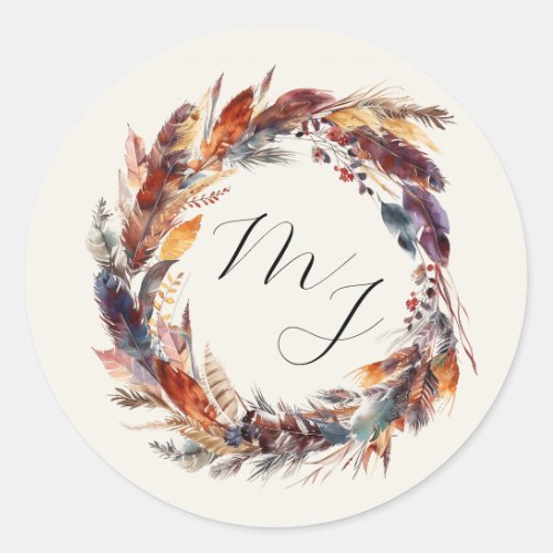 Boho Feathers Floral Wreath Monogram Wedding Classic Round Sticker