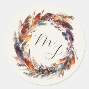Boho Feathers Floral Wreath Monogram Wedding Classic Round Sticker