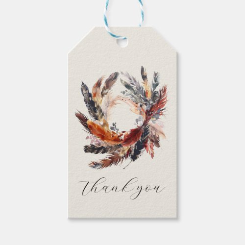 Boho Feathers Floral Wreath Monogram Wedding Gift Tags